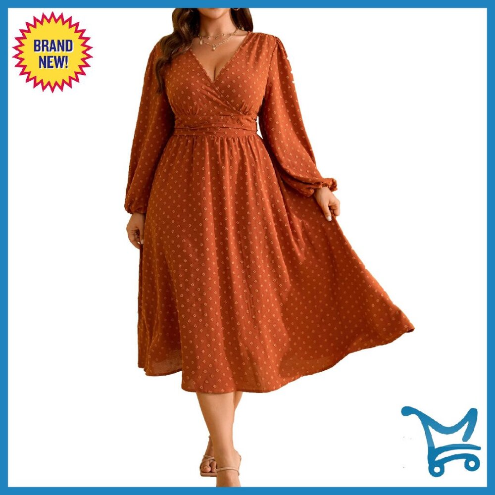 Plus Size Wrap V-Neck Swiss Dot Lantern Sleeve Swing Boho Maxi Dress